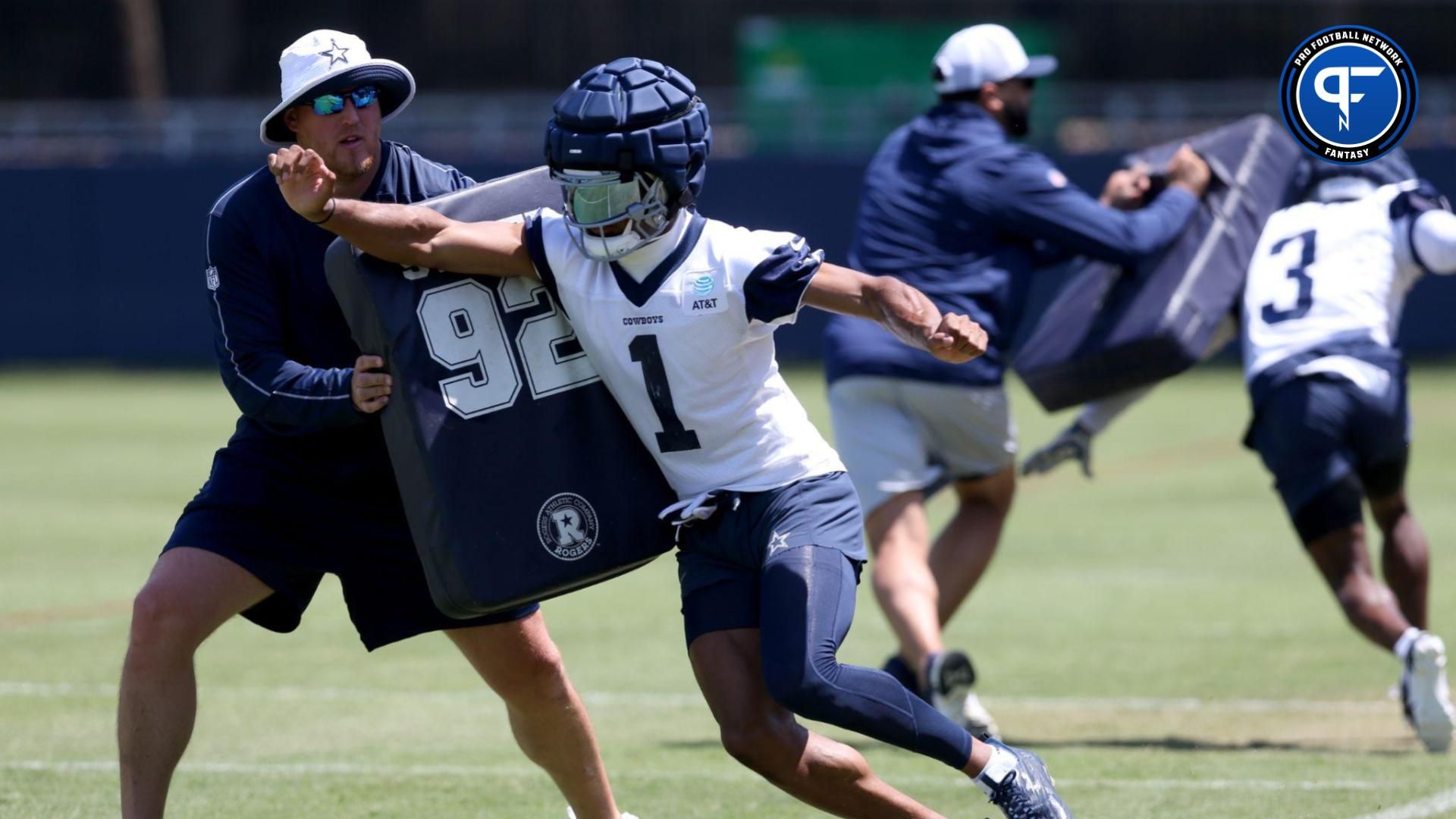 Jul 26, 2024; Oxnard, CA, USA; Dallas Cowboys wide receiver Jalen Tolbert (1) during training camp at the River Ridge Playing Fields in Oxnard, Californian. Mandatory Credit: Jason Parkhurst-USA TODAY Sports