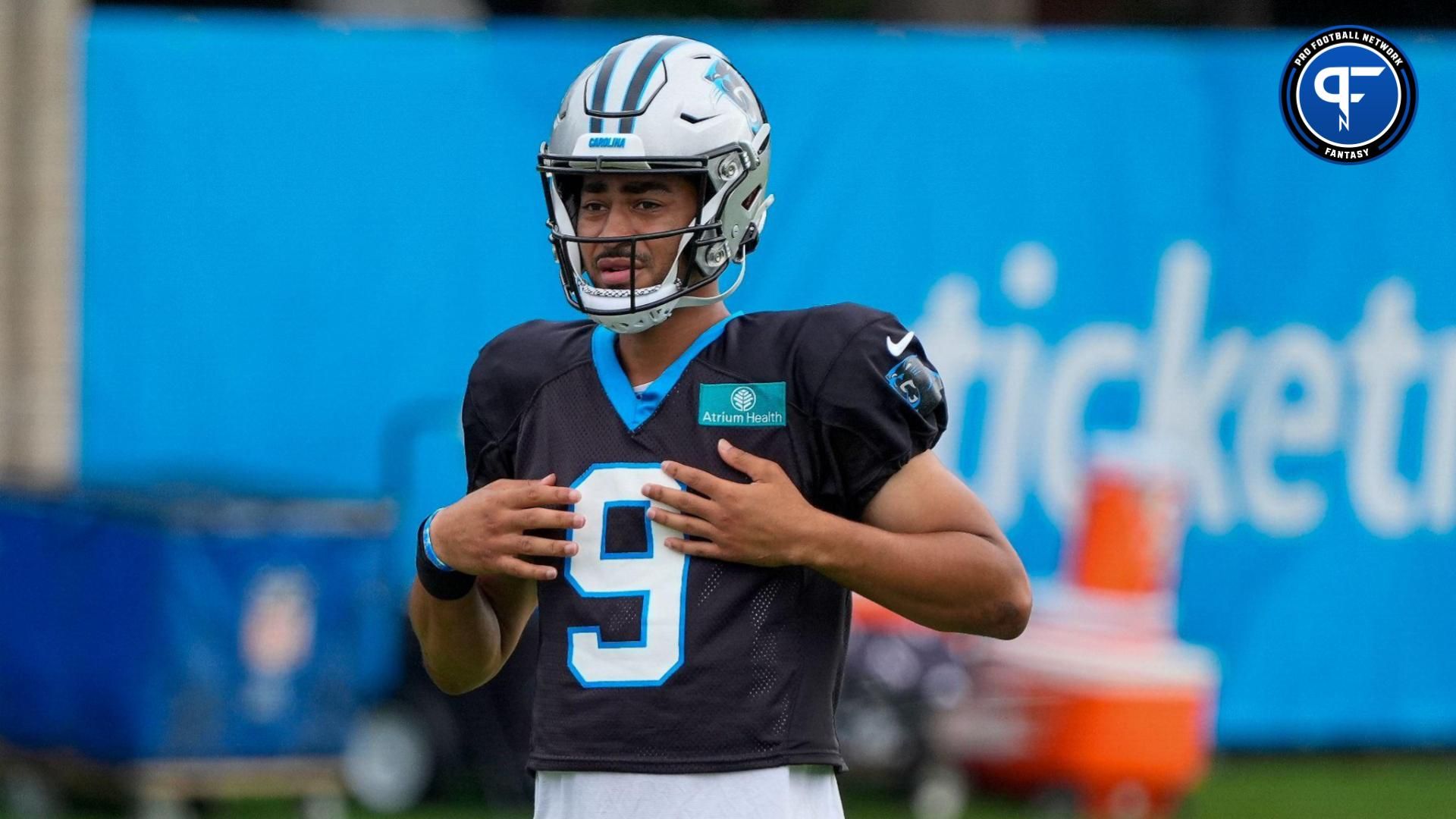 Jul 30, 2024; Charlotte, NC, USA; Carolina Panthers quarterback Bryce Young (9) during training camp at Carolina Panthers Practice Fields. Mandatory Credit: Jim Dedmon-USA TODAY Sports