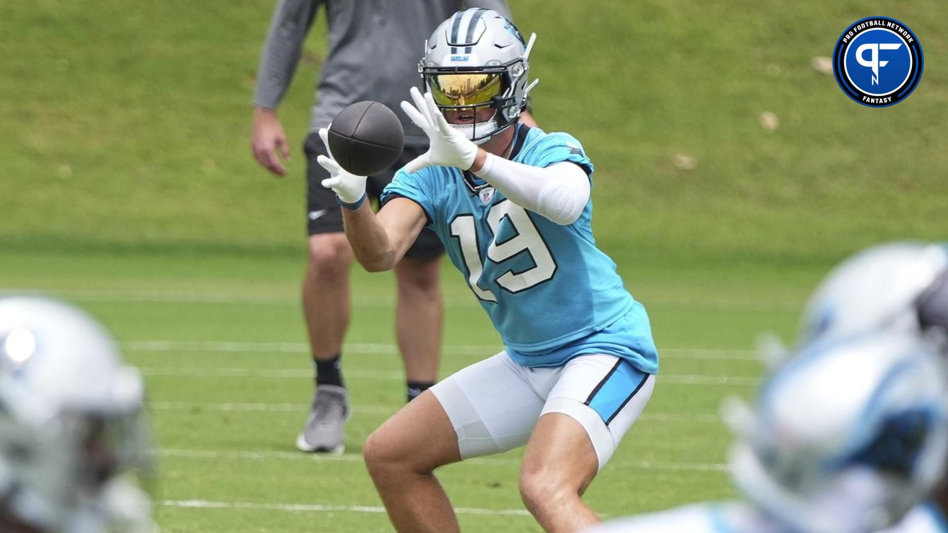 Carolina Panthers wide receiver Adam Thielen (19) makes a catch during OTAs.