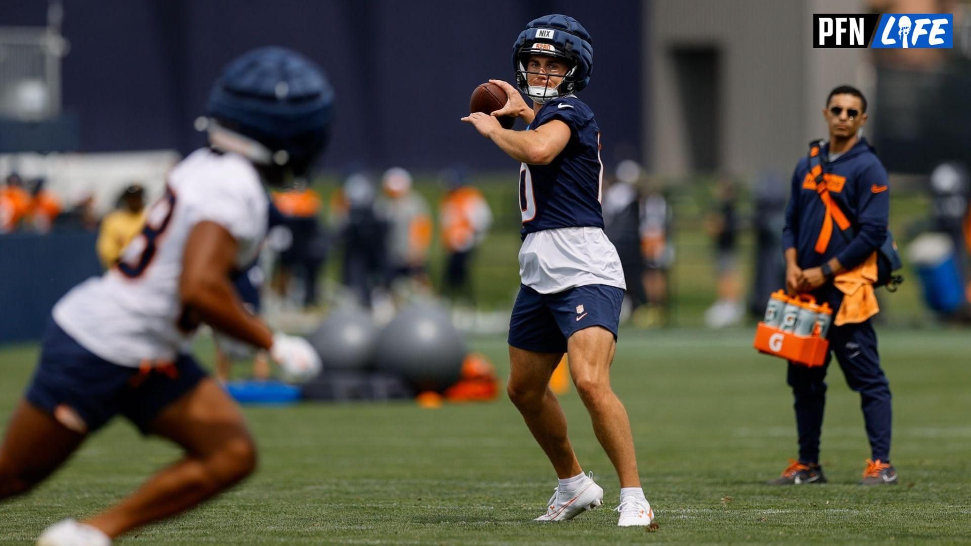 Denver Broncos quarterback Bo Nix (10) during training camp at Broncos Park Powered by CommonSpirit.