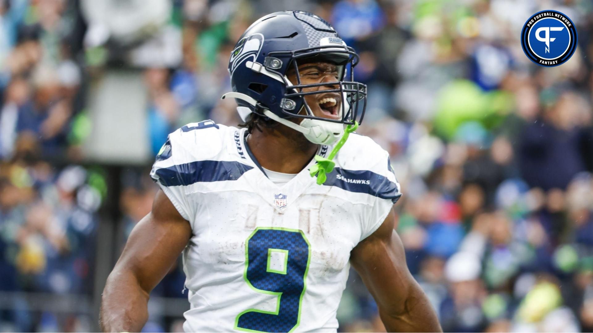 Seattle Seahawks running back Kenneth Walker III (9) reacts after rushing for a touchdown against the Carolina Panthers during the third quarter at Lumen Field. Mandatory Credit: Joe Nicholson-USA TODAY Sports