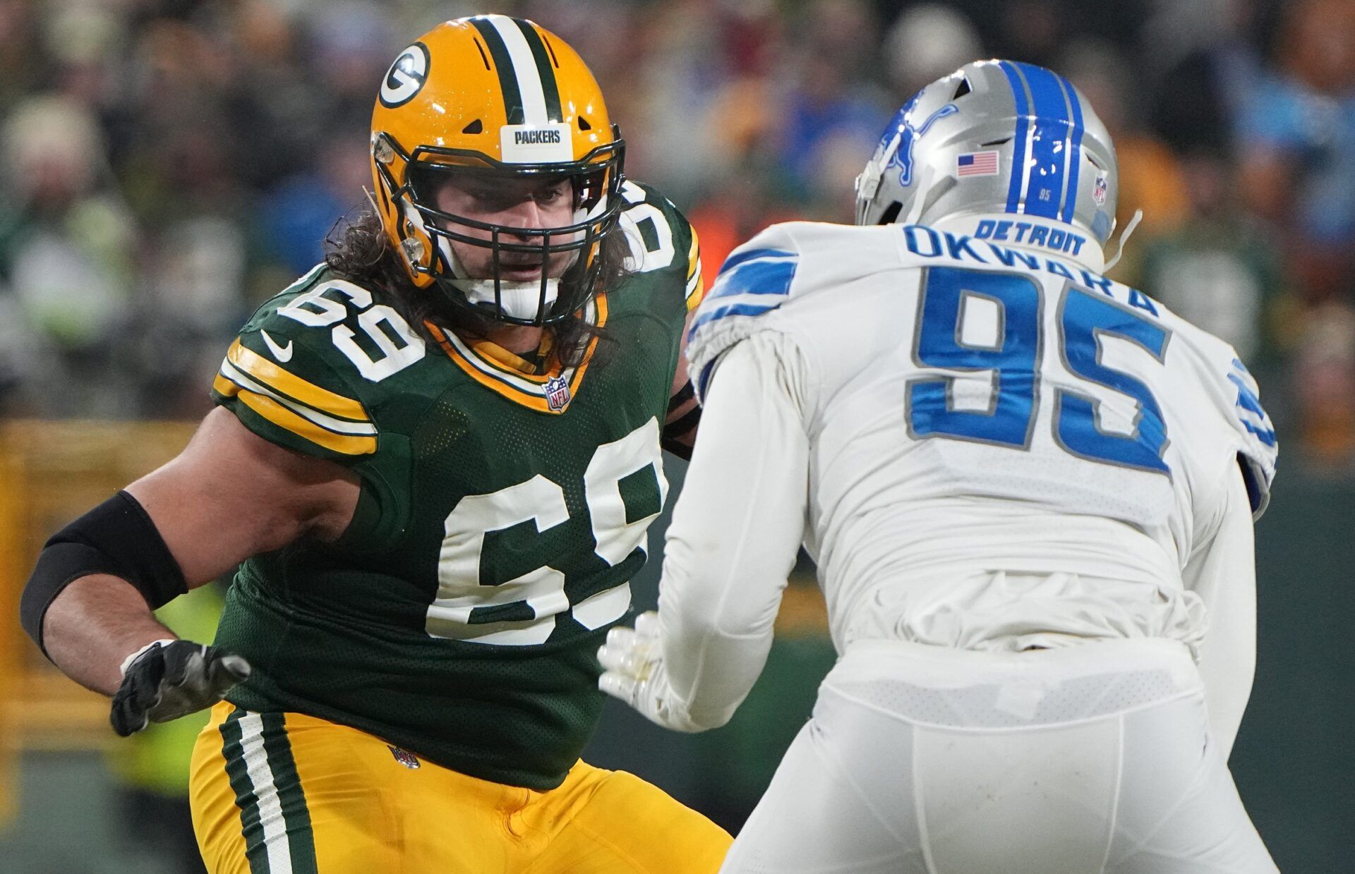 Green Bay Packers offensive tackle David Bakhtiari (69) provides pass protection while covering Detroit Lions linebacker Romeo Okwara (95) during the second quarter Sunday, January 8, 2023 at Lambeau Field in Green Bay, Wis. the Detroit Lions beat the Green Bay Packers 20-16. Packers08 7