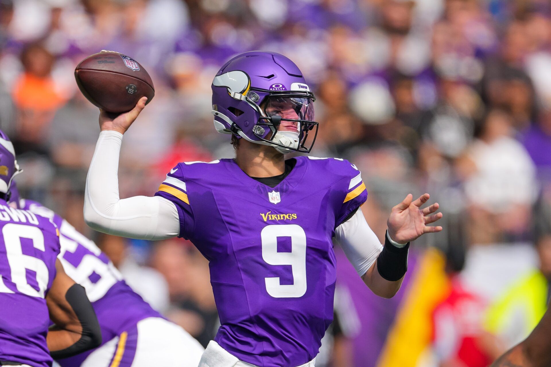 Minnesota Vikings quarterback J.J. McCarthy (9) passes against the Las Vegas Raiders in the second quarter at U.S. Bank Stadium. Mandatory Credit: Brad Rempel-USA TODAY Sports