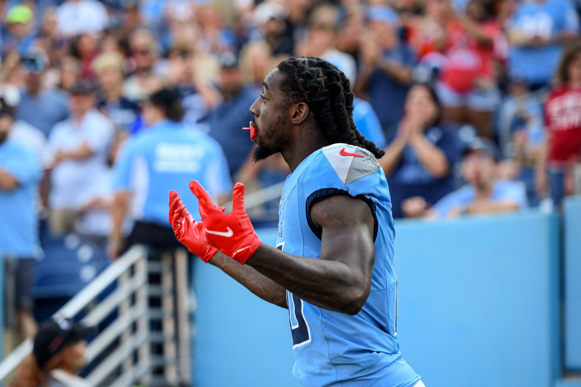 Aug 10, 2024; Nashville, Tennessee, USA; Tennessee Titans wide receiver Calvin Ridley (0) takes the field against the San Francisco 49ers during the first half at Nissan Stadium. Mandatory Credit: Steve Roberts-USA TODAY Sports