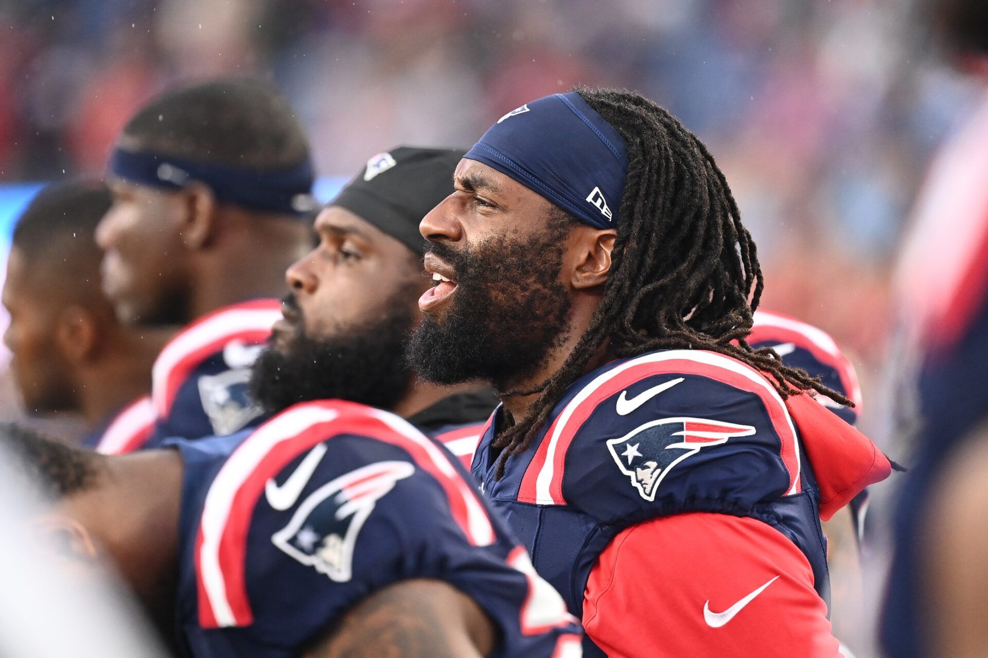 New England Patriots LB Matthew Judon (9) on the sideline during the first half against the Carolina Panthers at Gillette Stadium.