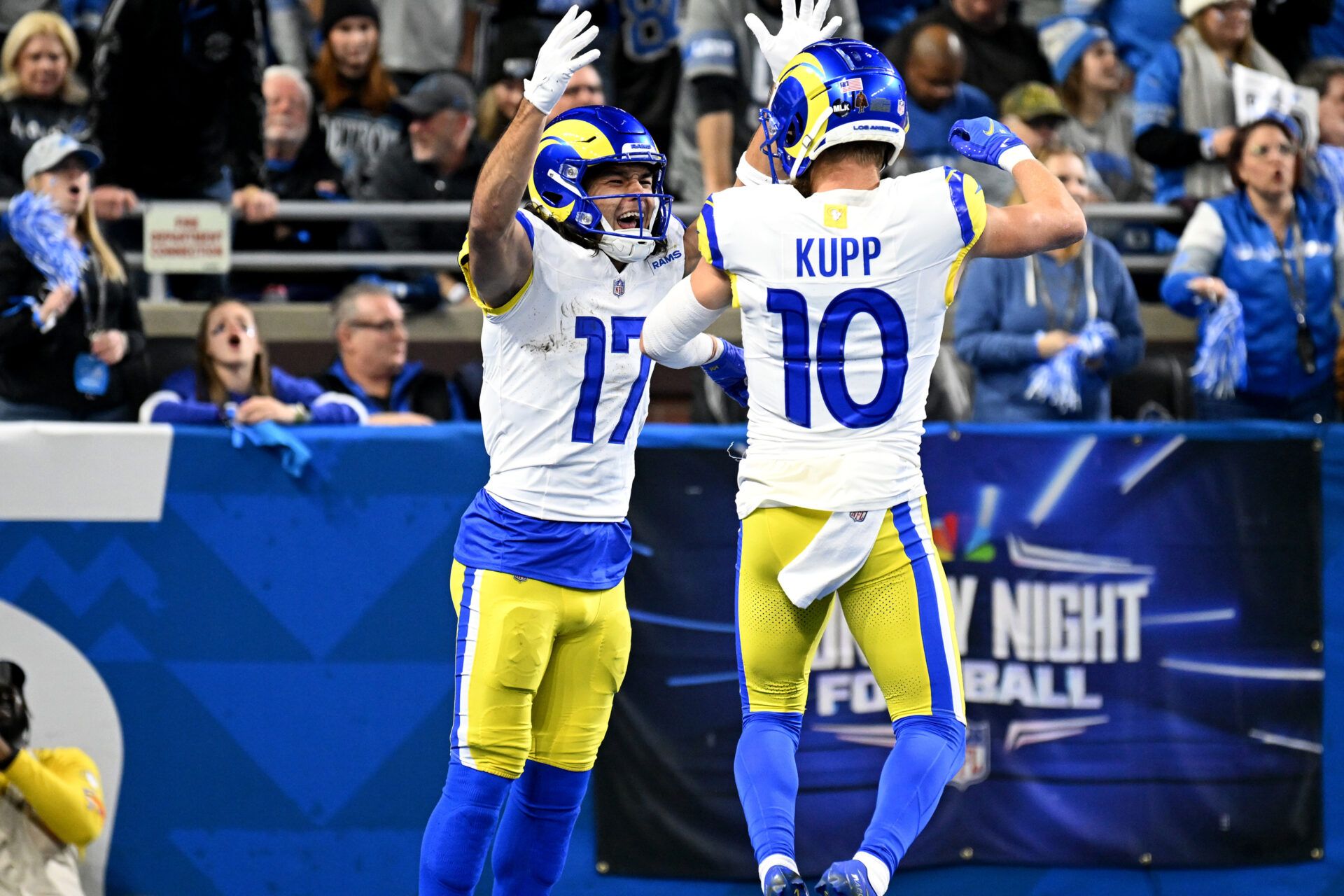 Jan 14, 2024; Detroit, Michigan, USA; Los Angeles Rams wide receiver Puka Nacua (17) celebrates with wide receiver Cooper Kupp (10) after a touchdown during the first half of a 2024 NFC wild card game against the Detroit Lions at Ford Field. Mandatory Credit: Lon Horwedel-USA TODAY Sports