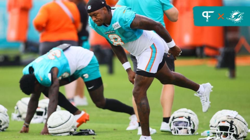 Miami Dolphins safety Jevon Holland (8) works out during a joint practice with the Atlanta Falcons at Baptist Health Training Complex.