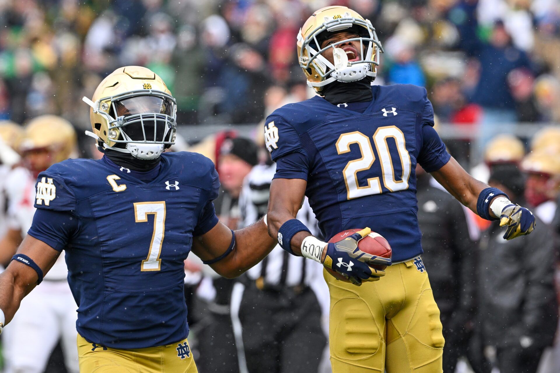 Nov 19, 2022; South Bend, Indiana, USA; Notre Dame Fighting Irish cornerback Benjamin Morrison (20) celebrates after an interception in the first quarter against the Boston College Eagles at Notre Dame Stadium. Mandatory Credit: Matt Cashore-USA TODAY Sports