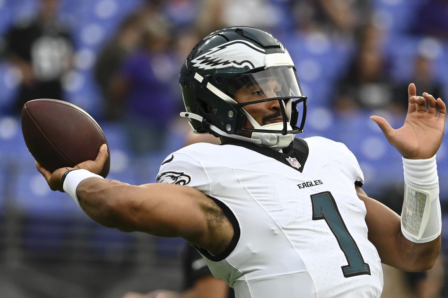 Philadelphia Eagles quarterback Jalen Hurts (1) throws before a preseason game against the Baltimore Ravens at M&T Bank Stadium. Mandatory Credit: Tommy Gilligan-USA TODAY Sports