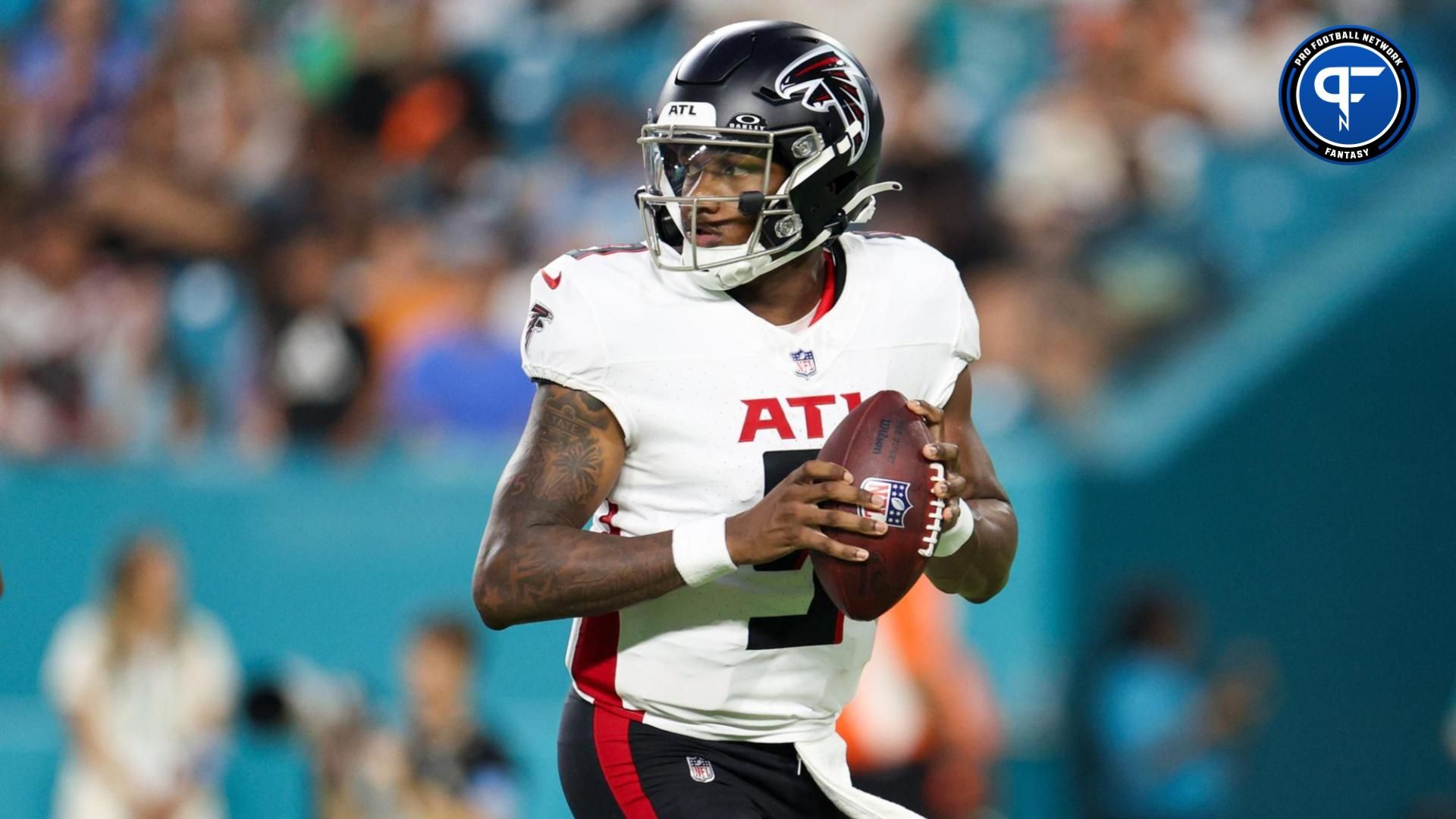 Atlanta Falcons quarterback Michael Penix Jr. (9) drops back to pass against the Miami Dolphins in the second quarter during preseason at Hard Rock Stadium. Mandatory Credit: Nathan Ray Seebeck-USA TODAY Sports