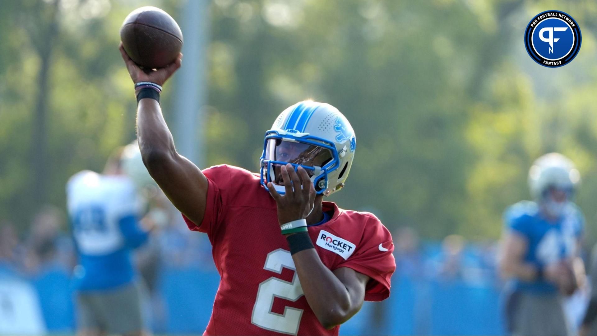 Detroit Lions quarterback Hendon Hooker throws downfield to a wide receiver during practice at the Detroit Lions training facility in Allen Park on Wednesday, August 14, 2024.