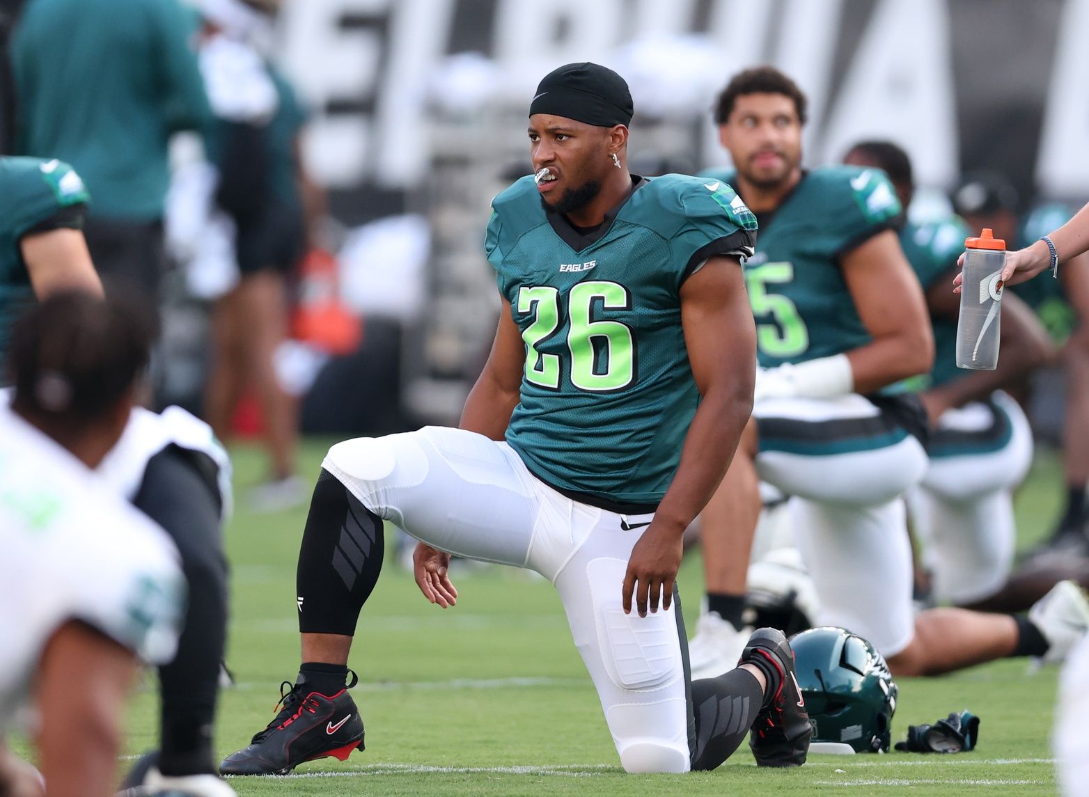 Philadelphia Eagles running back Saquon Barkley (26) stretches during practice at Lincoln Financial Field. Mandatory Credit: Bill Streicher-USA TODAY Sports