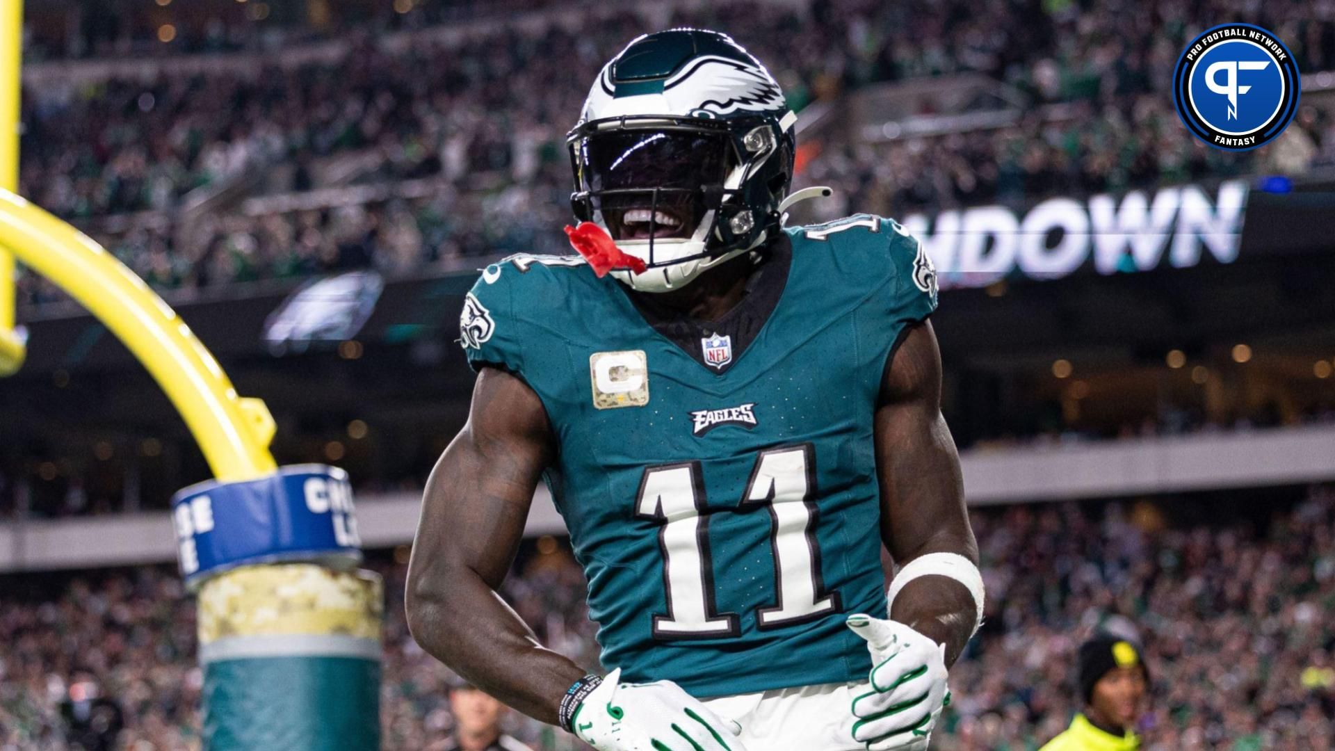 Philadelphia Eagles wide receiver A.J. Brown (11) reacts after his touchdown catch against the Dallas Cowboys during the third quarter at Lincoln Financial Field. Mandatory Credit: Bill Streicher-USA TODAY Sports