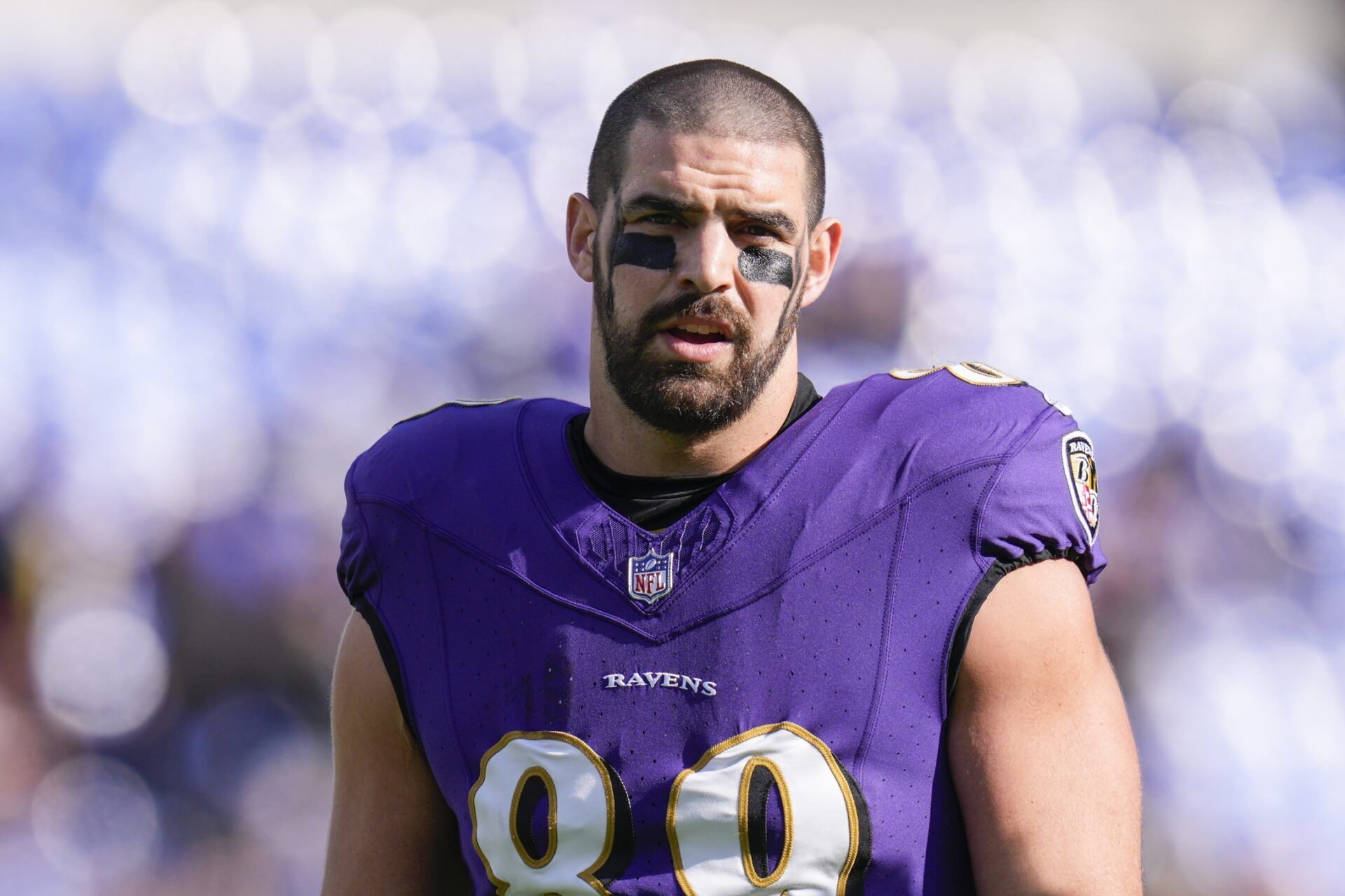 Baltimore Ravens tight end Mark Andrews (89) looks on before a game against the Cleveland Browns at M&T Bank Stadium. Andrews is an NFL training camp storyline to follow. Mandatory Credit: Jessica Rapfogel-USA TODAY Sports