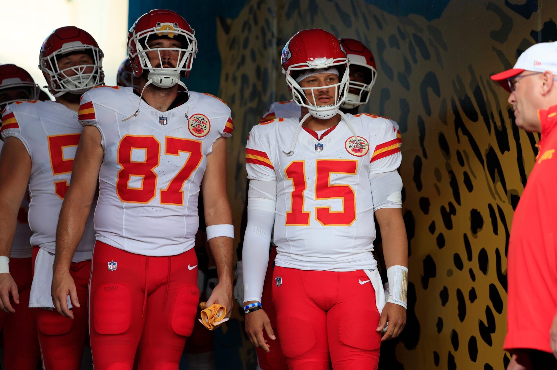 Kansas City Chiefs quarterback Patrick Mahomes (15) looks on next to tight end Travis Kelce (87) before a preseason NFL football game Saturday, Aug. 10, 2024 at EverBank Stadium in Jacksonville, Fla. The Jacksonville Jaguars defeated the Kansas City Chiefs 26-13. [Corey Perrine/Florida Times-Union]
