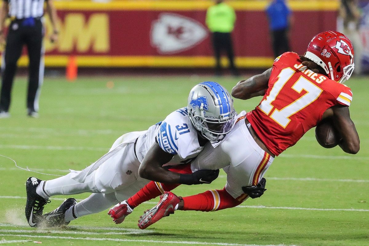 Detroit Lions safety Kerby Joseph (31) tackles Kansas City Chiefs wide receiver Richie James (17) during the second half at Arrowhead Stadium in Kansas City, Mo. on Thursday, Sept. 7, 2023.