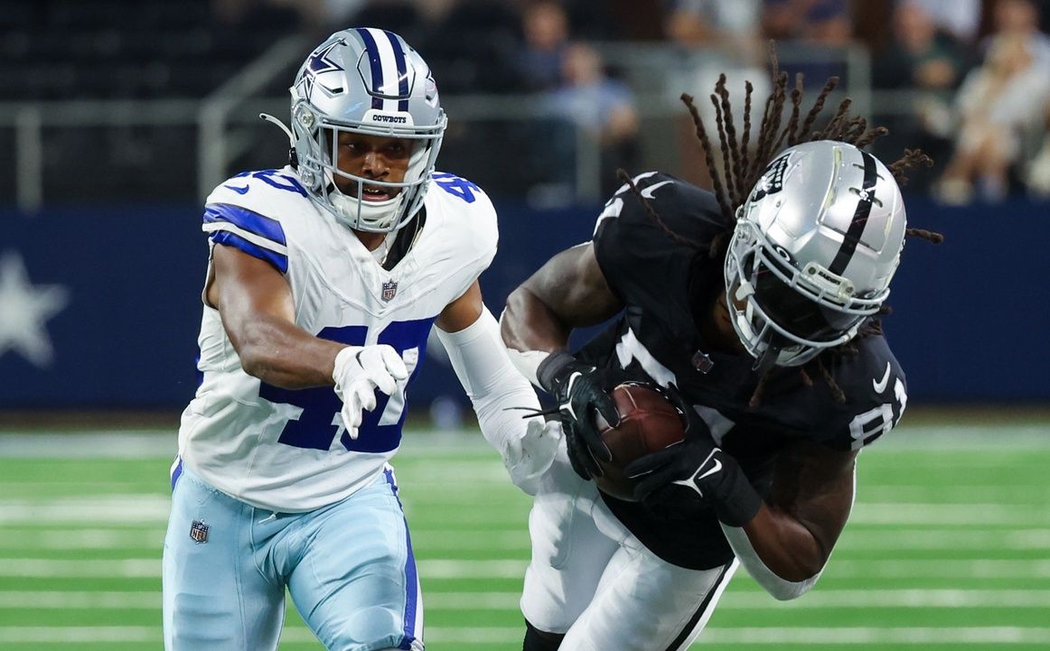 Las Vegas Raiders wide receiver Cam Sims (81) makes a diving catch over Dallas Cowboys cornerback Josh Butler (40) during the second half at AT&T Stadium. Mandatory Credit: Kevin Jairaj-USA TODAY Sports