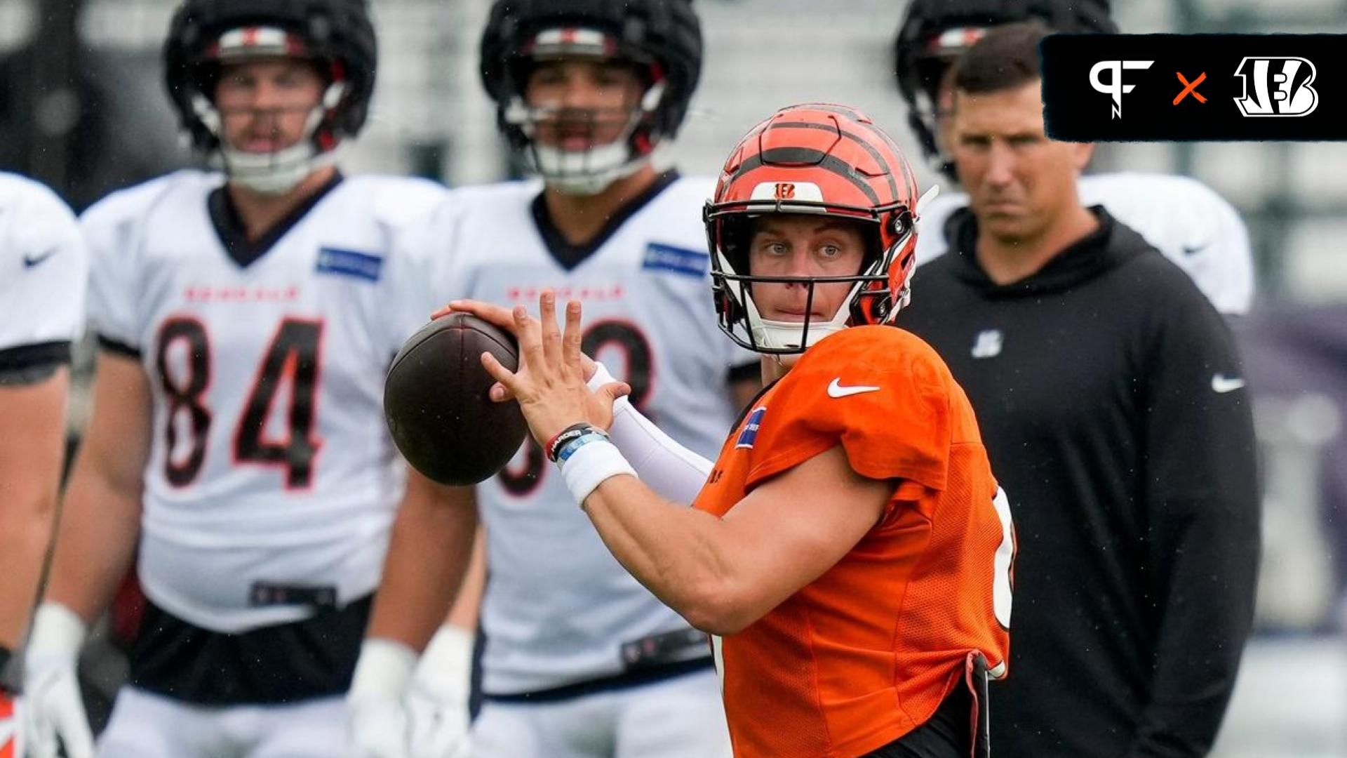 Cincinnati Bengals quarterback Joe Burrow (9) throws a pass at the Chicago Bears Halas Hall practice facility in Lake Forest, Ill., on Thursday, Aug. 15, 2024.
