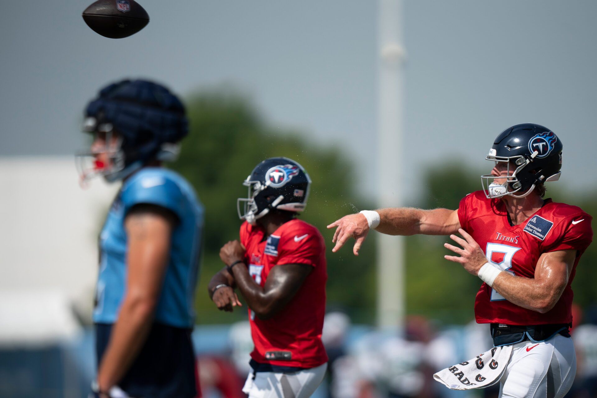 Tennessee Titans quarterback Will Levis (8) throws during drills at Ascension Saint Thomas Sports Park in Nashville, Tenn., Thursday, Aug. 15, 2024. This is the second day of the Titans joint practice with the Seattle Seahawks. © Denny Simmons / The Tennessean / USA TODAY NETWORK