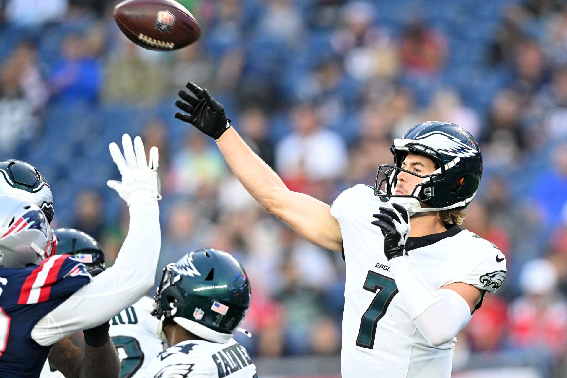 Philadelphia Eagles quarterback Kenny Pickett (7) throws the ball against the New England Patriots during the first half at Gillette Stadium. Mandatory Credit: Brian Fluharty-USA TODAY Sports