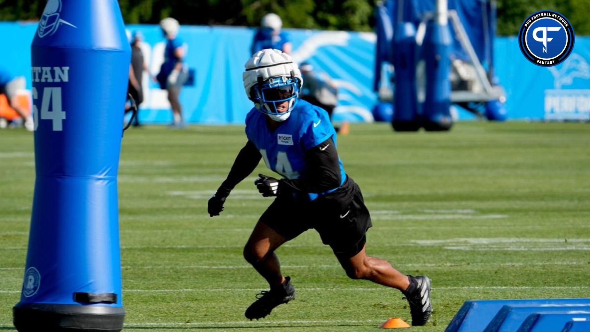 Detroit Lions wide receiver Amon-Ra St. Brown works at running a route during practice at the Lions practice facility in Allen Park on Saturday, July 27, 2024. How early should he be taken in fantasy football drafts?