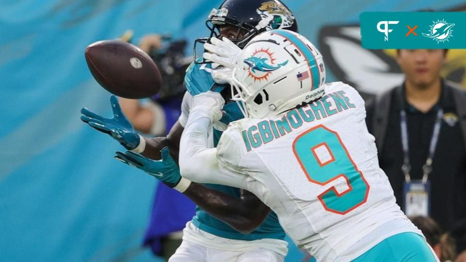 Miami Dolphins CB Noah Igbinoghene (9) attempts to deflect a pass against the Jacksonville Jaguars.