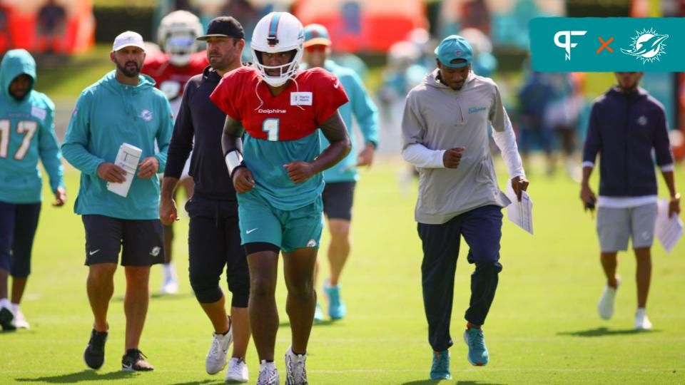 Miami Dolphins quarterback Tua Tagovailoa (1) runs on the field during joint practice with the Washington Commanders at Baptist Health Training Complex. Mandatory Credit: Sam Navarro-USA TODAY Sports