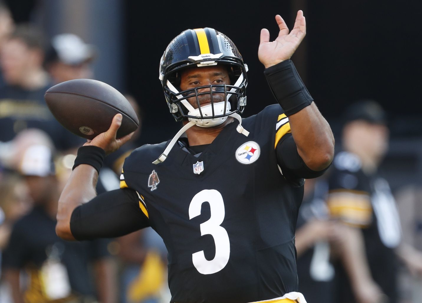 Pittsburgh Steelers quarterback Russell Wilson (3) warms up before playing the Houston Texans at Acrisure Stadium. Mandatory Credit: Charles LeClaire-USA TODAY Sports