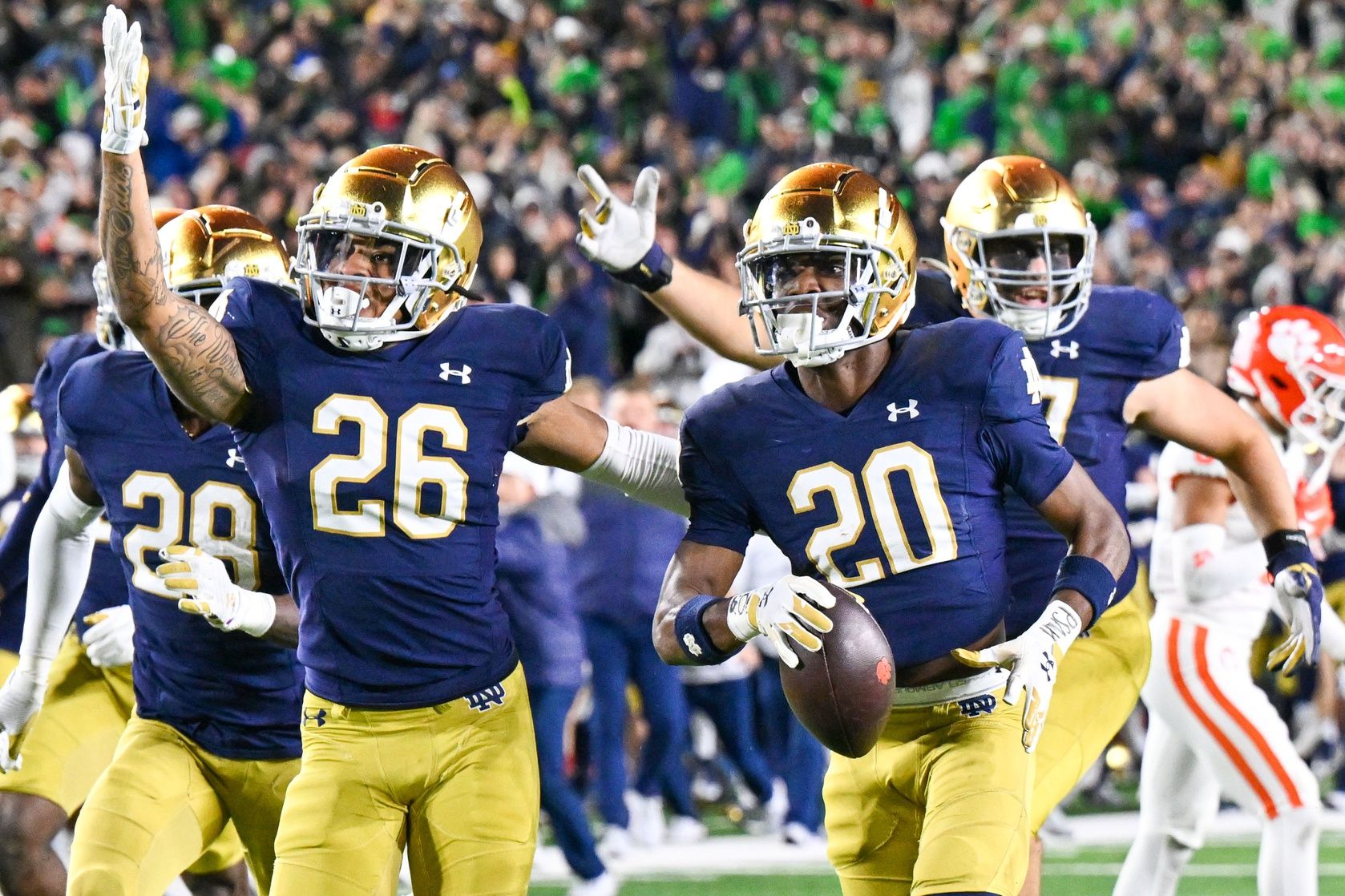 Notre Dame Fighting Irish cornerback Benjamin Morrison (20) celebrates after a third quarter interception against the Clemson Tigers at Notre Dame Stadium. Mandatory Credit: Matt Cashore-USA TODAY Sports