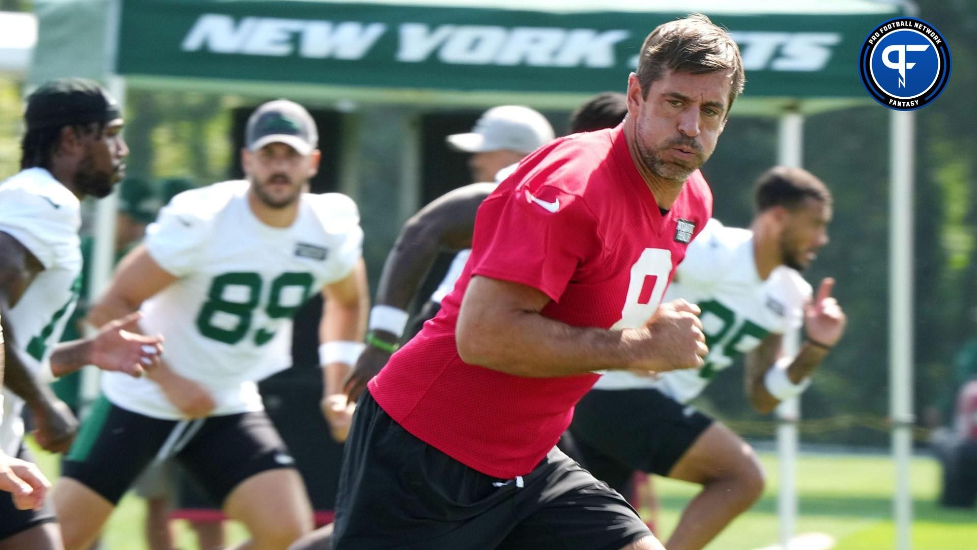 Florham Park, NJ -- July 27, 2024 -- Quarterback, Aaron Rodgers during New York Jets training camp this morning.