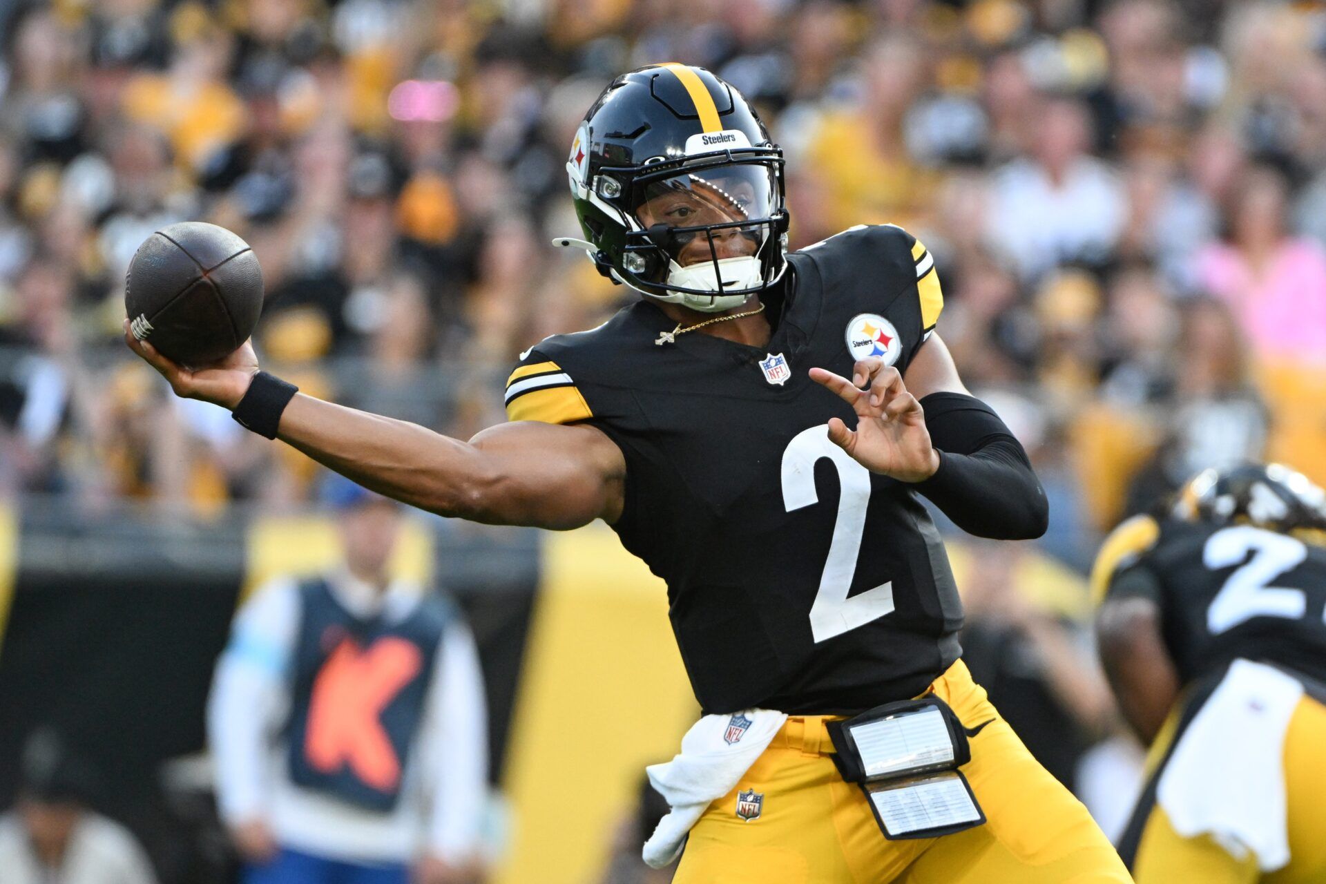 Pittsburgh Steelers quarterback Justin Fields (2) throws a pass against the Houston Texans during the first quarter at Acrisure Stadium. Mandatory Credit: Barry Reeger-USA TODAY Sports