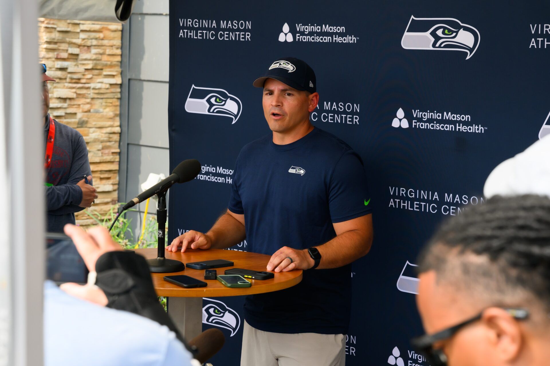 Seattle Seahawks head coach Mike Macdonald talks to the media after training camp at Virginia Mason Athletic Center. Mandatory Credit: Steven Bisig-USA TODAY Sports