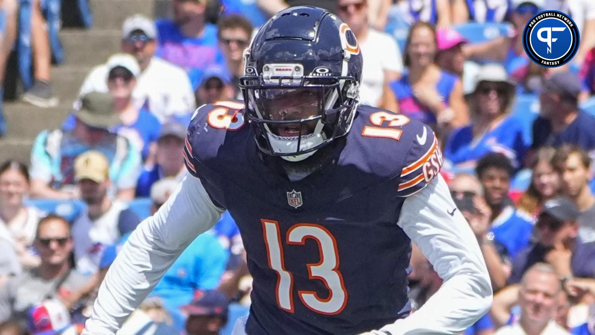 Chicago Bears wide receiver Keenan Allen (13) goes in motion prior to the snap during the first half against the Buffalo Bills at Highmark Stadium.