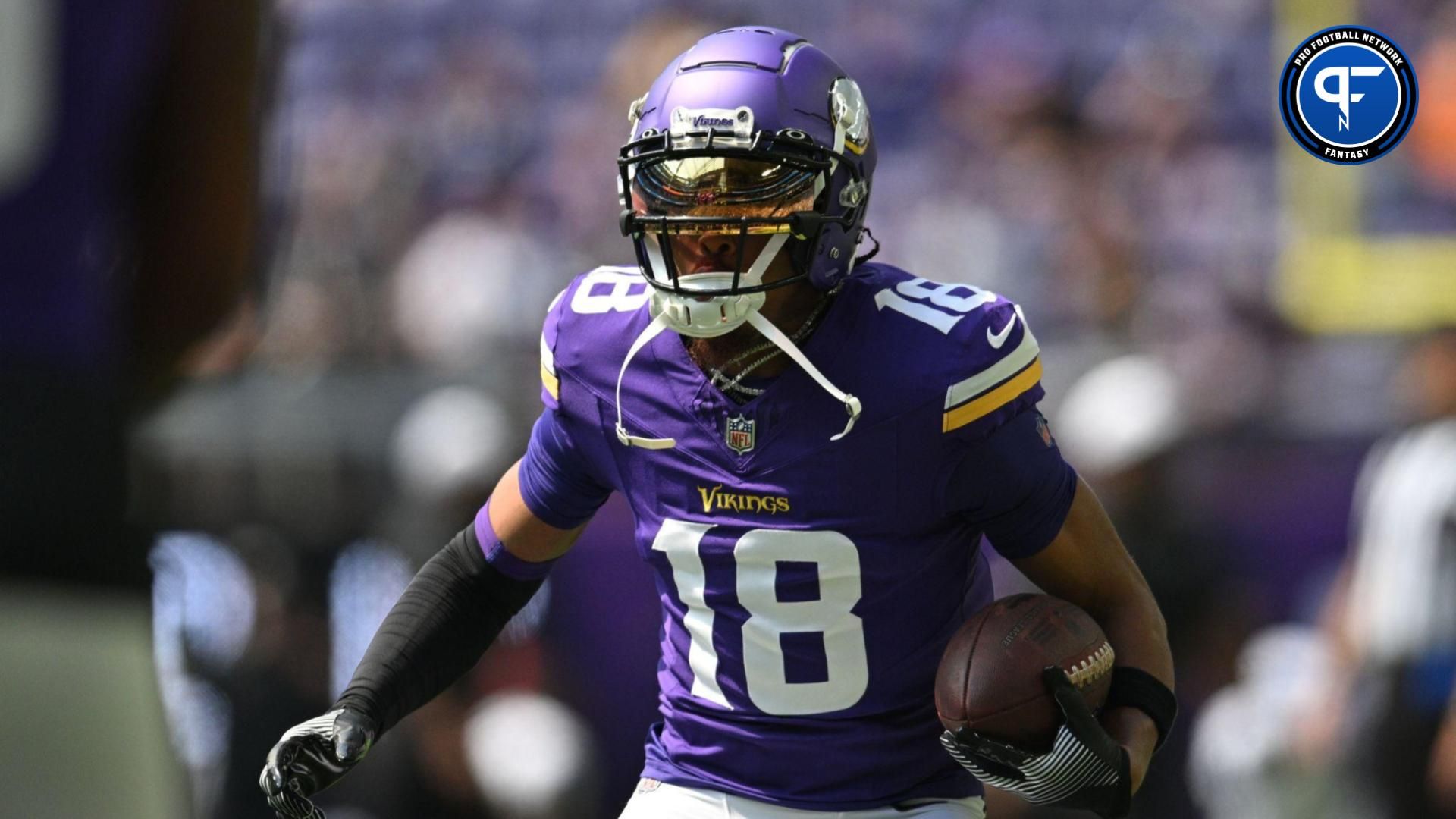 Minnesota Vikings wide receiver Justin Jefferson (18) warms up before the game against the Las Vegas Raiders at U.S. Bank Stadium. Mandatory Credit: Jeffrey Becker-USA TODAY Sports