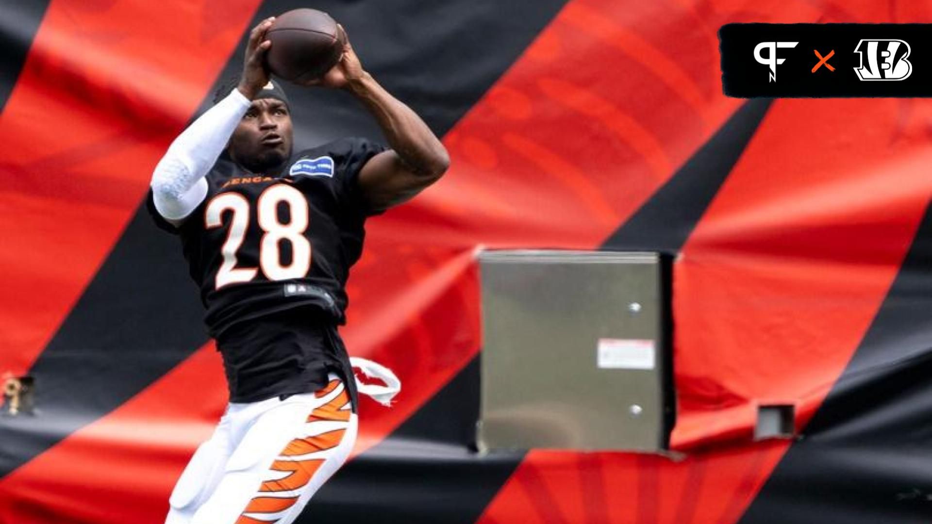 Cincinnati Bengals cornerback Josh Newton (28) catches a pass during Cincinnati Bengals practice at Paycor Stadium on Thursday, Aug. 8, 2024.