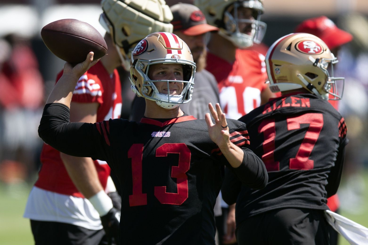 San Francisco 49ers quarterback Brock Purdy (13) throws a pass during Day 4 of training camp at SAP Performance Facility. Mandatory Credit: D. Ross Cameron-USA TODAY Sports