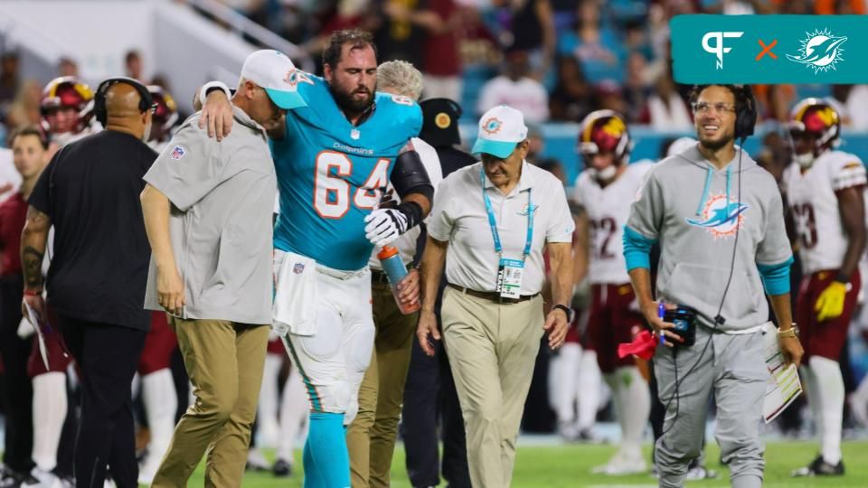 Miami Dolphins center Sean Harlow (64) walks off the field after an injury against the Washington Commanders during the third quarter of a preseason game at Hard Rock Stadium. Mandatory Credit: Sam Navarro-USA TODAY Sports