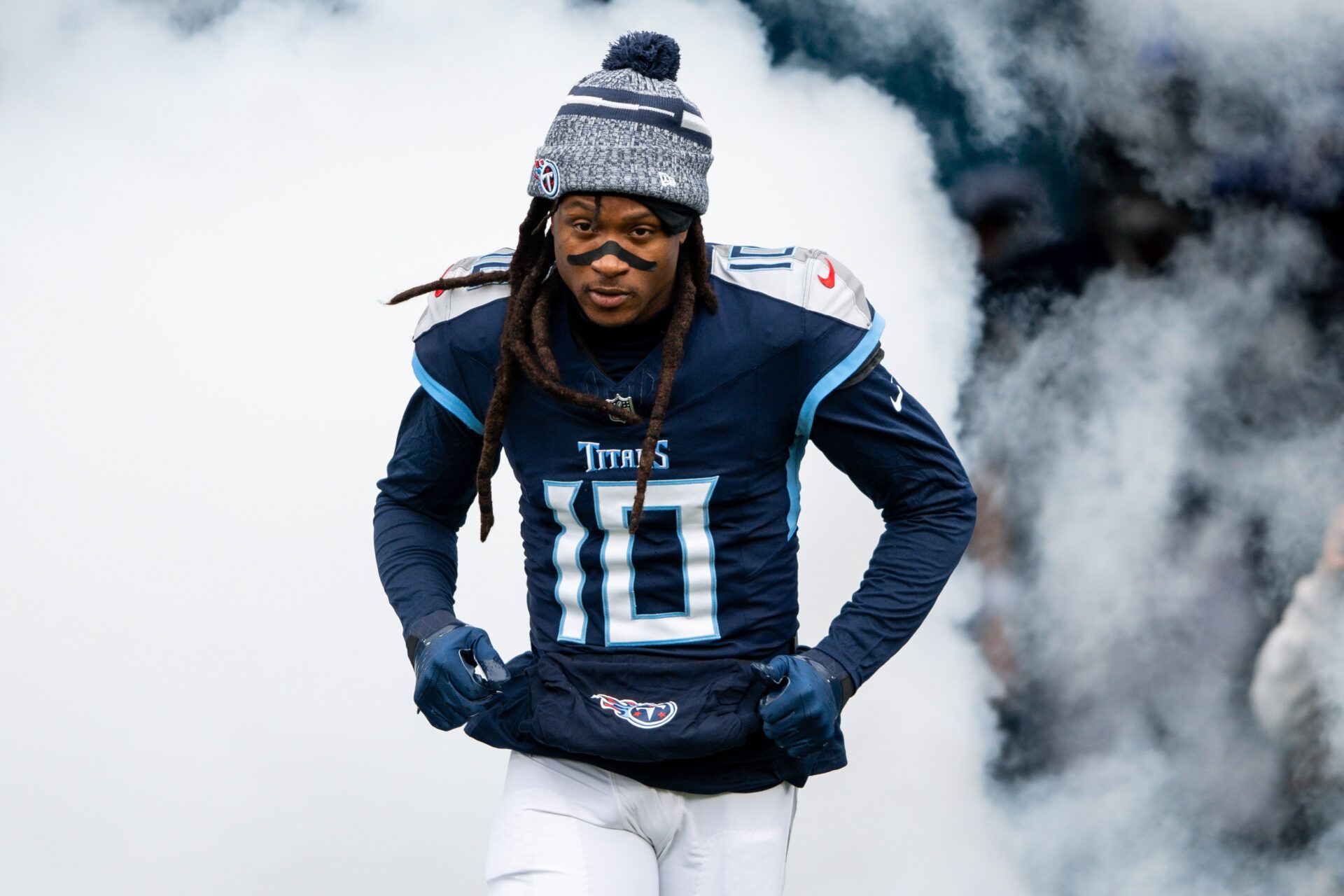 Jan 7, 2024; Nashville, Tennessee, USA; Tennessee Titans wide receiver DeAndre Hopkins (10) takes the field during the first half against the Jacksonville Jaguarsat Nissan Stadium. Mandatory Credit: Steve Roberts-USA TODAY Sports