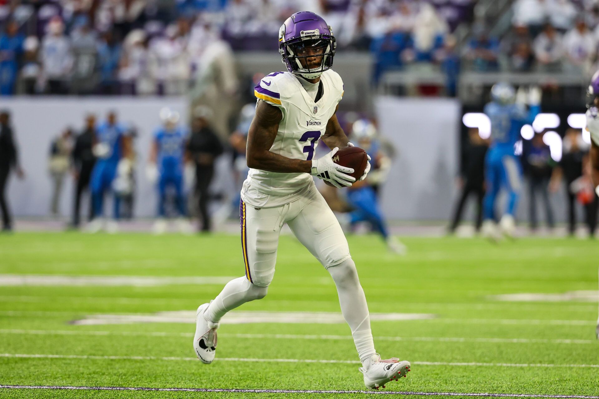 Dec 24, 2023; Minneapolis, Minnesota, USA; Minnesota Vikings wide receiver Jordan Addison (3) warms up before the game against the Detroit Lions at U.S. Bank Stadium. Mandatory Credit: Matt Krohn-USA TODAY Sports