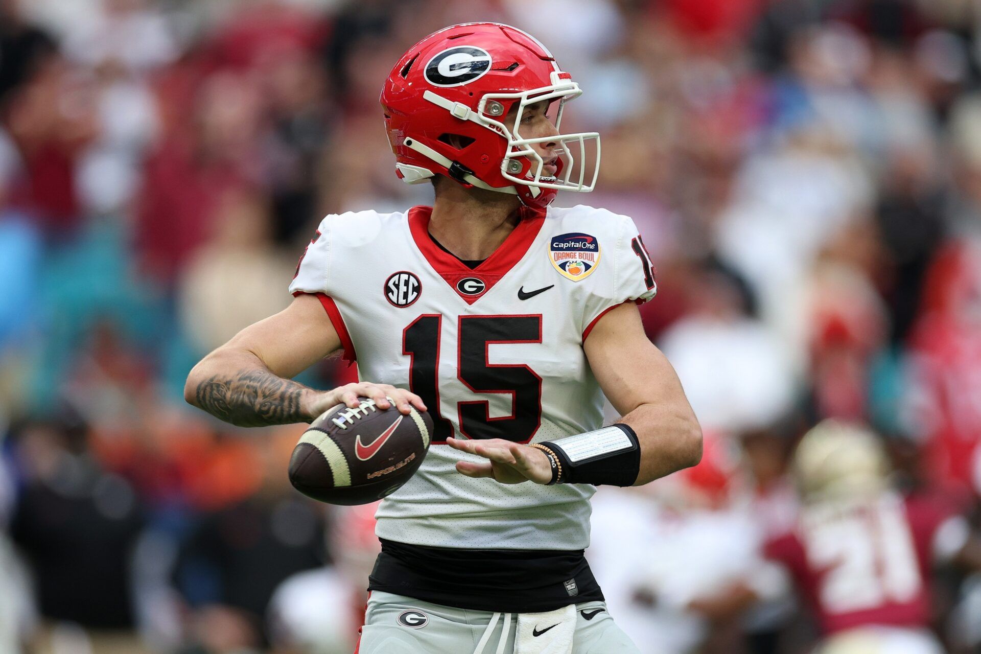 Expected to be one of the first quarterbacks selected in the 2025 NFL Draft, where does Georgia Bulldogs QB Carson Beck (15) land in our latest mock draft?