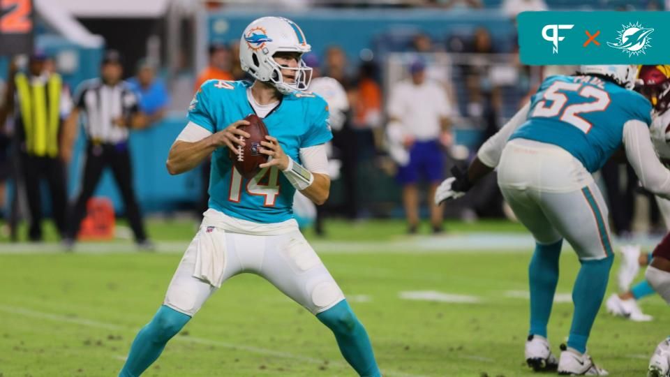 Miami Dolphins quarterback Mike White (14) drops back against the Washington Commanders during the fourth quarter of a preseason game at Hard Rock Stadium. Mandatory Credit: Sam Navarro-USA TODAY Sports