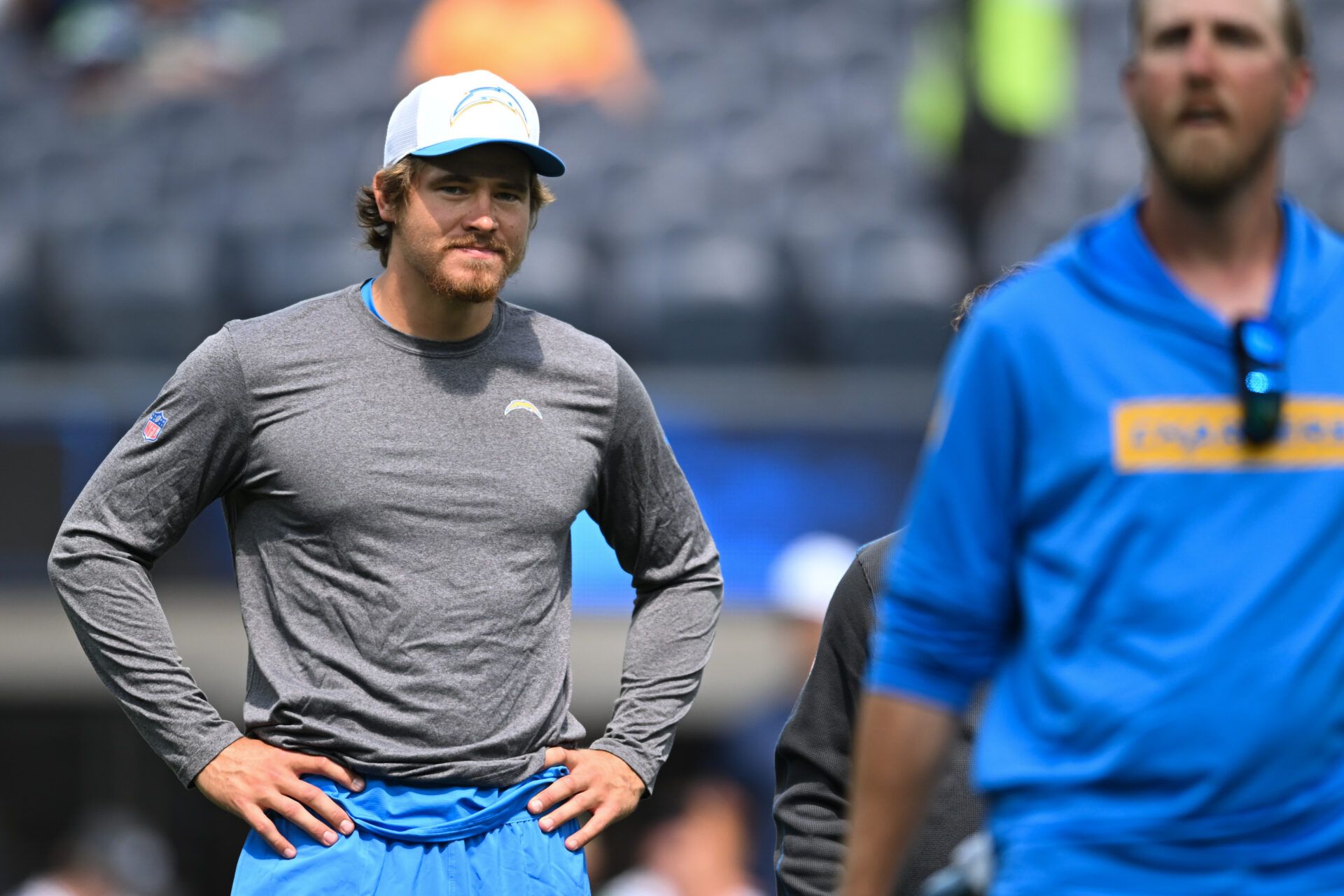 Aug 10, 2024; Inglewood, California, USA; Los Angeles Chargers quarterback Justin Herbert (10) during the pregame warmups at SoFi Stadium. Mandatory Credit: Jonathan Hui-USA TODAY Sports