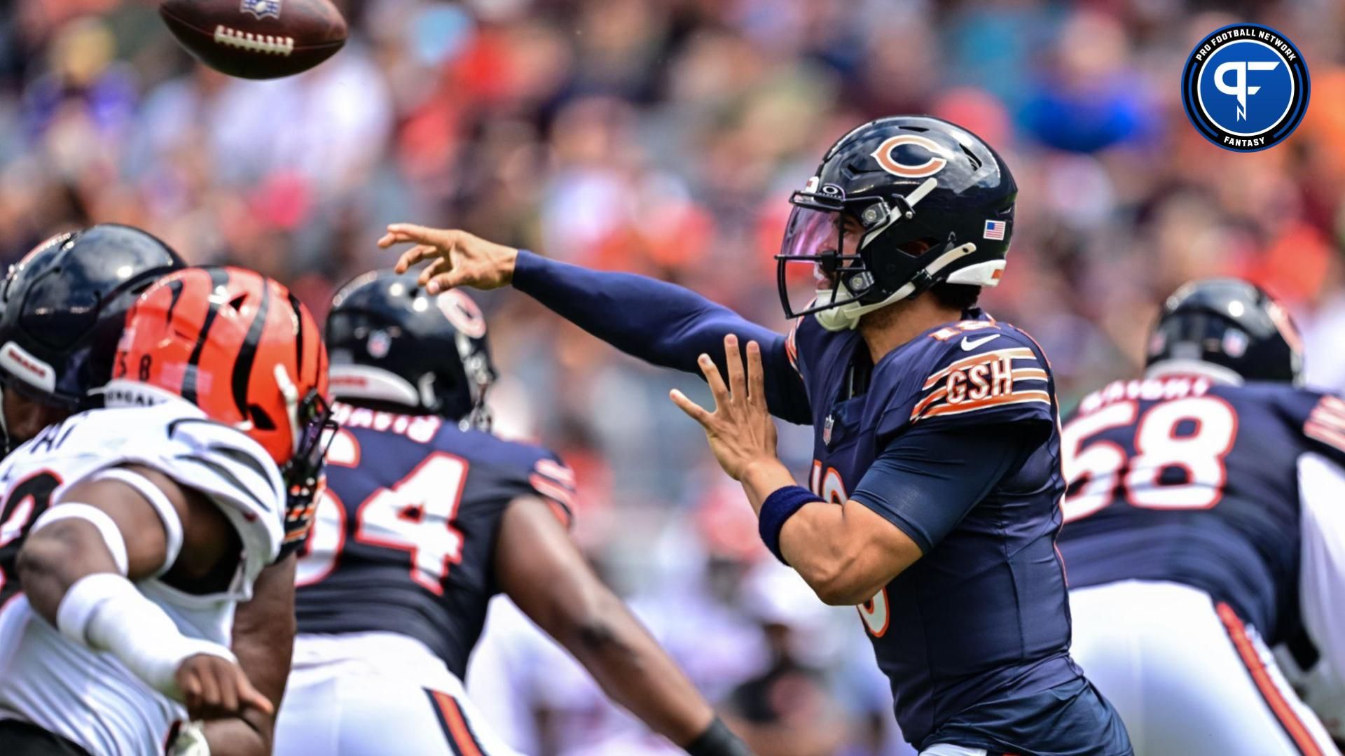 Aug 17, 2024; Chicago, Illinois, USA; Chicago Bears quarterback Caleb Williams (18) passes the ball against the Cincinnati Bengals during the first quarter at Soldier Field. Mandatory Credit: Daniel Bartel-USA TODAY Sports