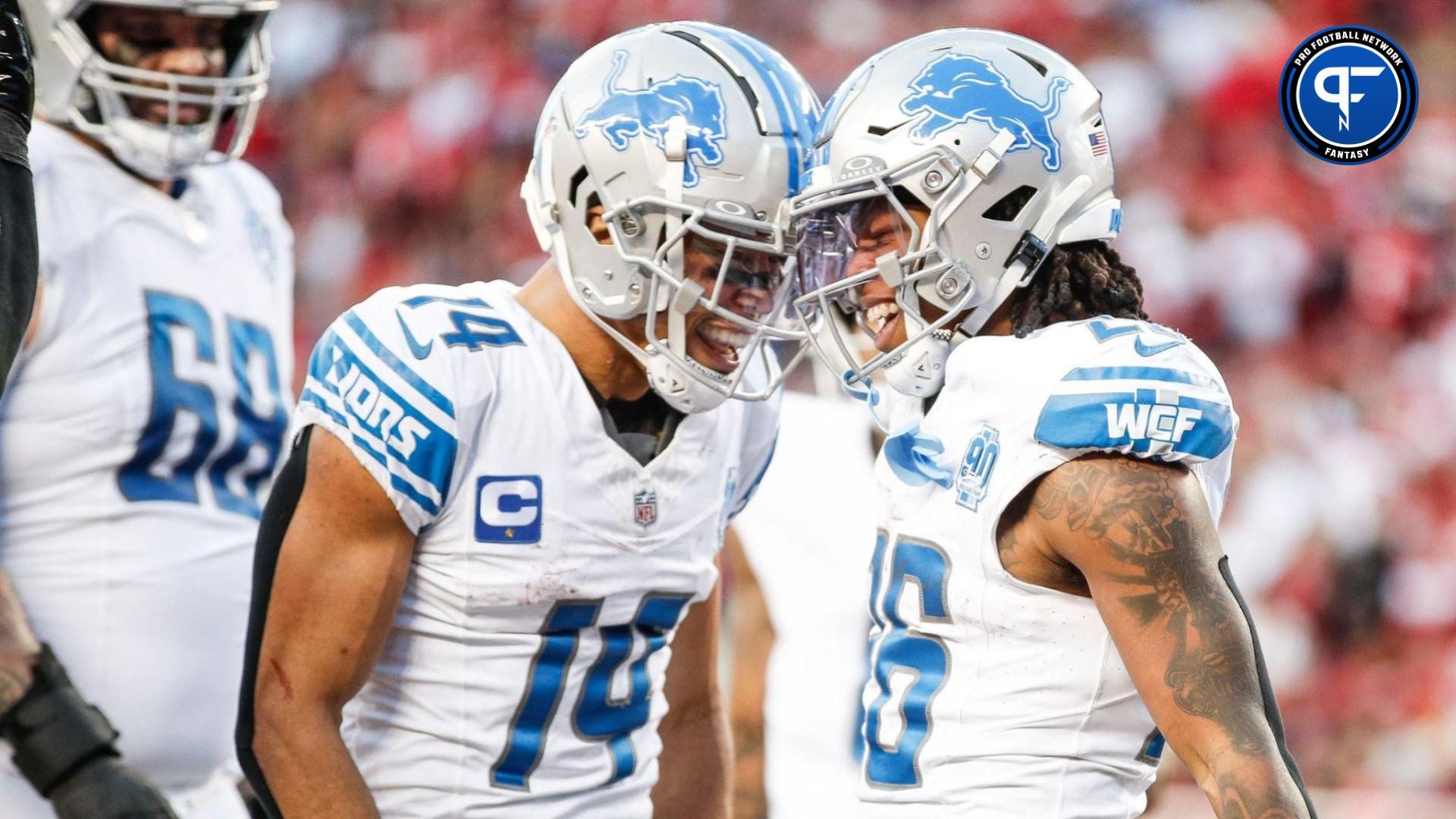 Lions running back Jahmyr Gibbs, right, celebrates a touchdown with wide receiver Amon-Ra St. Brown during the first half of the NFC championship game at Levi's Stadium in Santa Clara, California, on Sunday, Jan. 28, 2024. © Junfu Han / USA TODAY NETWORK