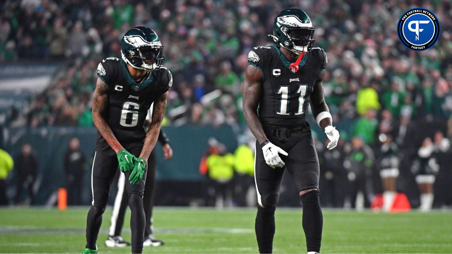 Philadelphia Eagles wide receiver DeVonta Smith (6) and wide receiver A.J. Brown (11) against the New York Giants at Lincoln Financial Field. Mandatory Credit: Eric Hartline-USA TODAY Sports