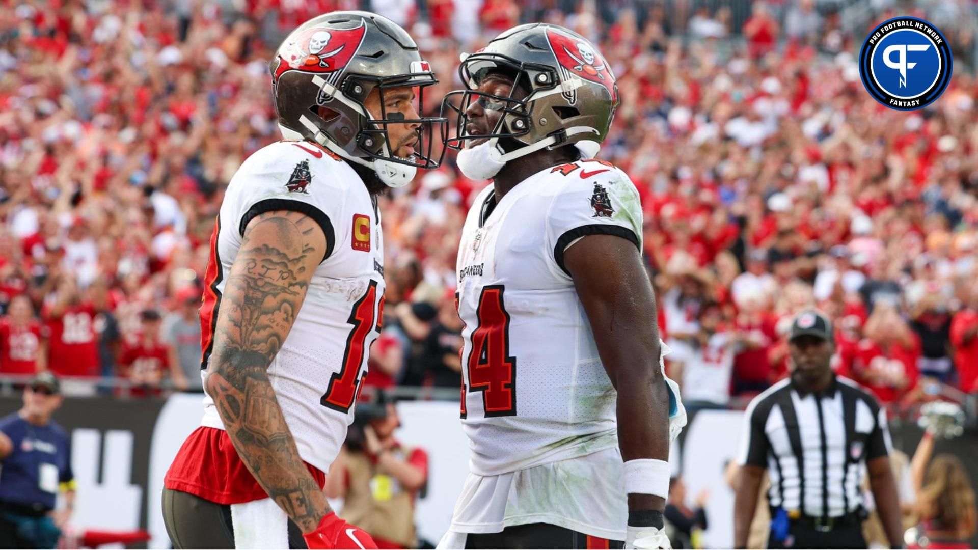 Tampa Bay Buccaneers wide receiver Chris Godwin (14) congratulates wide receiver Mike Evans (13) after scoring a touchdown against the Carolina Panthers in the fourth quarter at Raymond James Stadium. Mandatory Credit: Nathan Ray Seebeck-USA TODAY