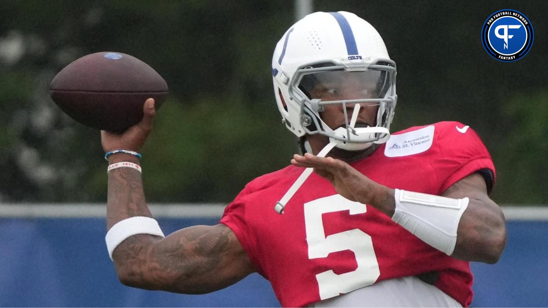 Indianapolis Colts quarterback Anthony Richardson (5) throws the ball during the Colts’ training camp Wednesday, Aug. 7, 2024, at Grand Park Sports Complex in Westfield.