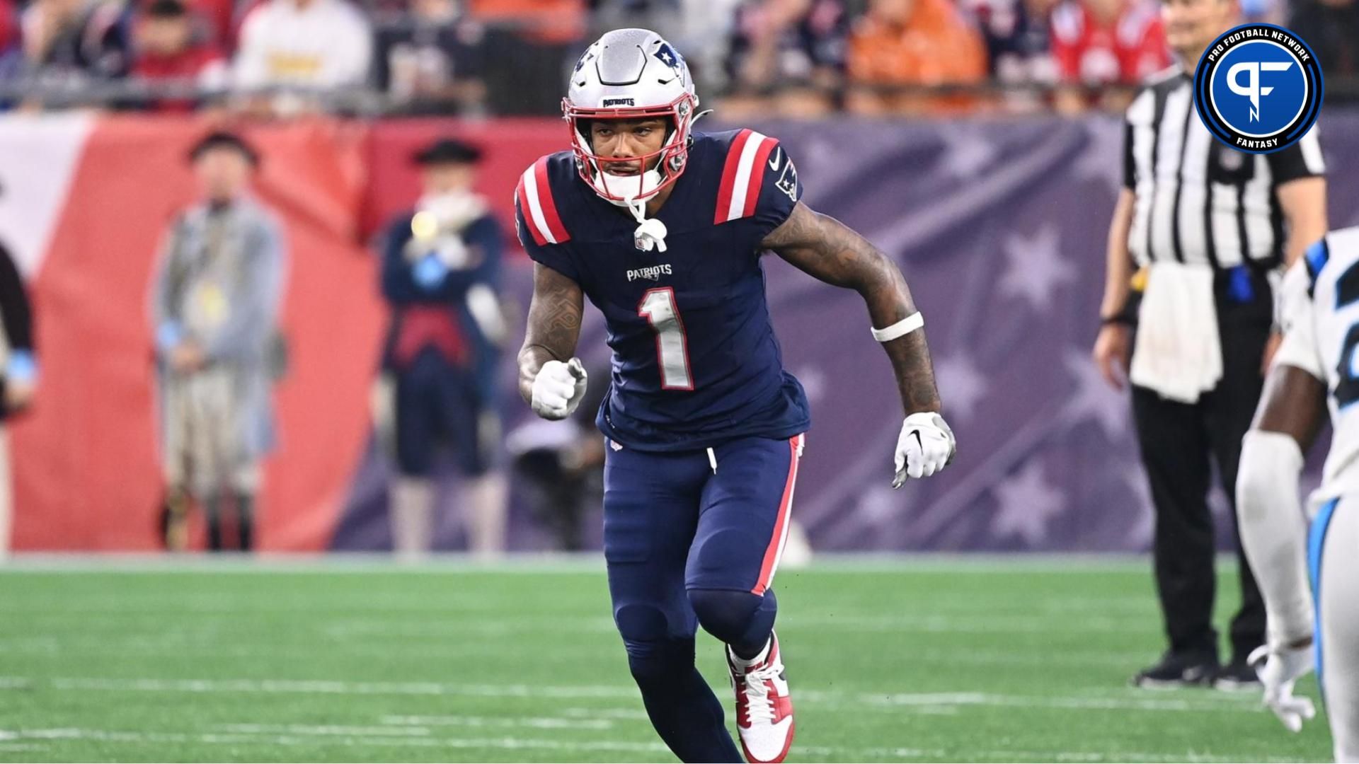 New England Patriots wide receiver Ja'Lynn Polk (1) runs a route during the first half against the Carolina Panthers at Gillette Stadium. Mandatory Credit: Eric Canha-USA TODAY Sports