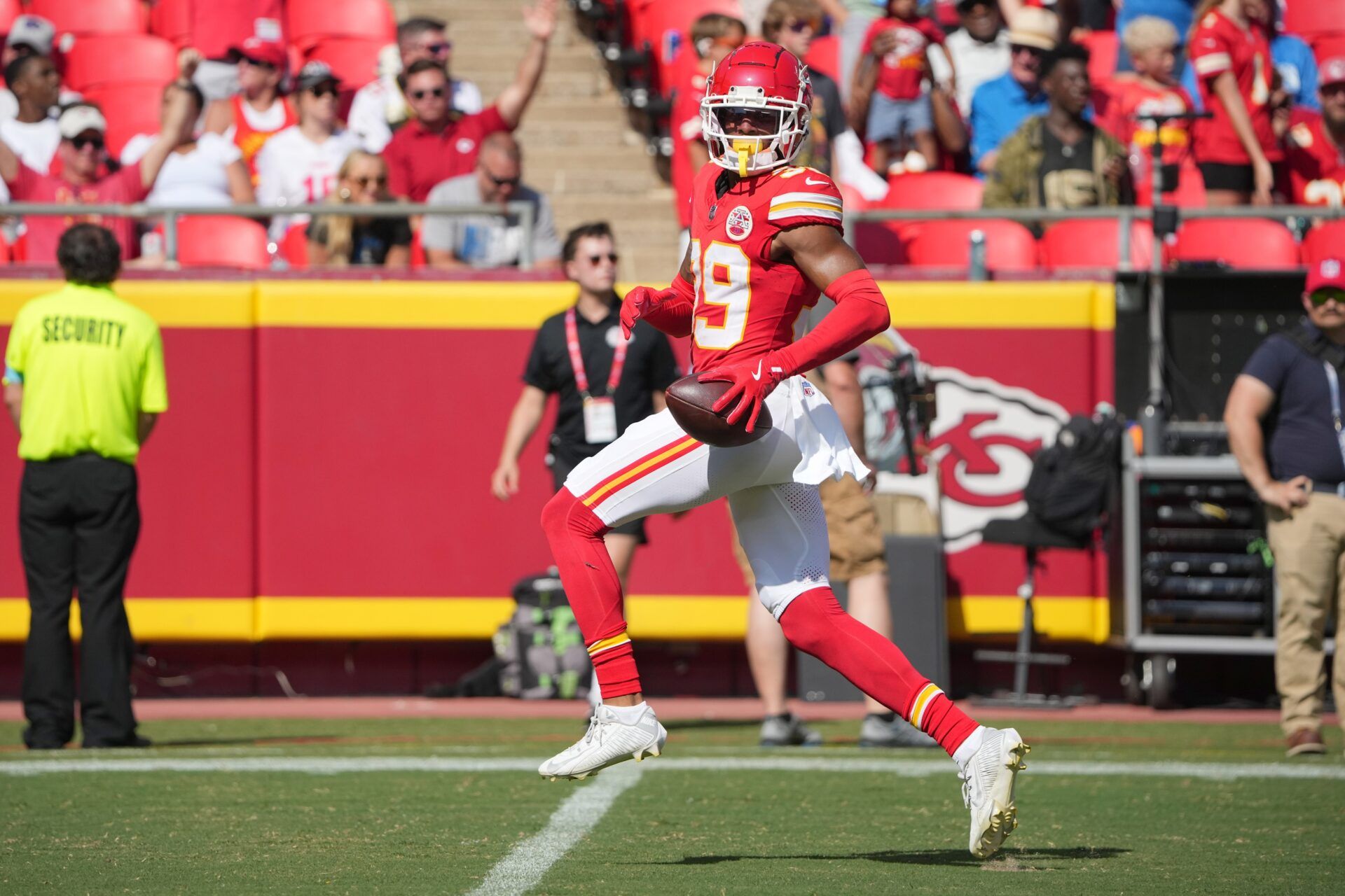Kansas City Chiefs cornerback Keith Taylor Jr. (39) celebrates after he intercepted a pass against the Detroit Lions during the first half at GEHA Field at Arrowhead Stadium. Mandatory Credit: Denny Medley-USA TODAY Sports