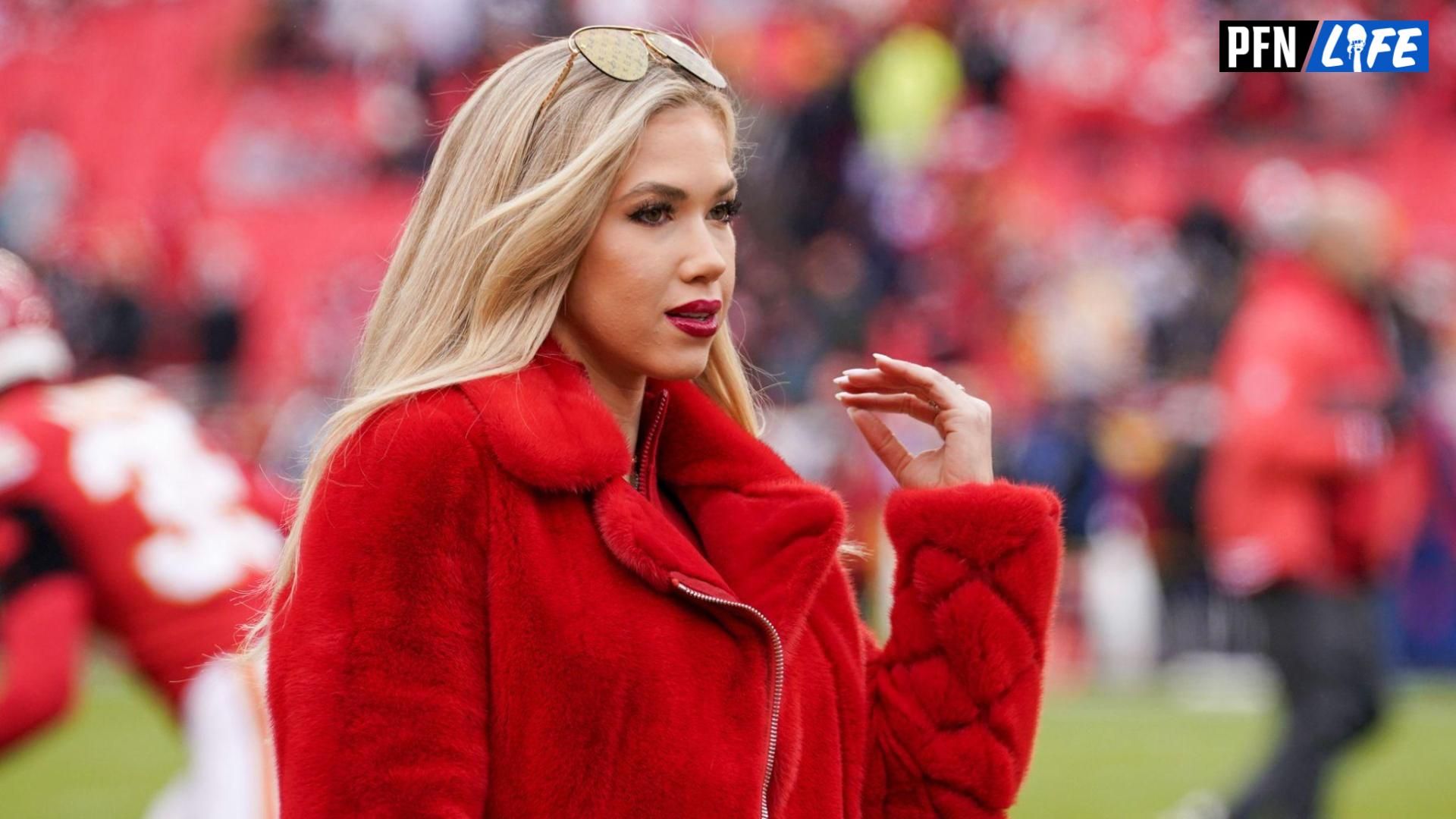 Gracie Hunt on field prior to a game between the Kansas City Chiefs and Las Vegas Raiders at GEHA Field at Arrowhead Stadium. Mandatory Credit: Denny Medley-USA TODAY Sports